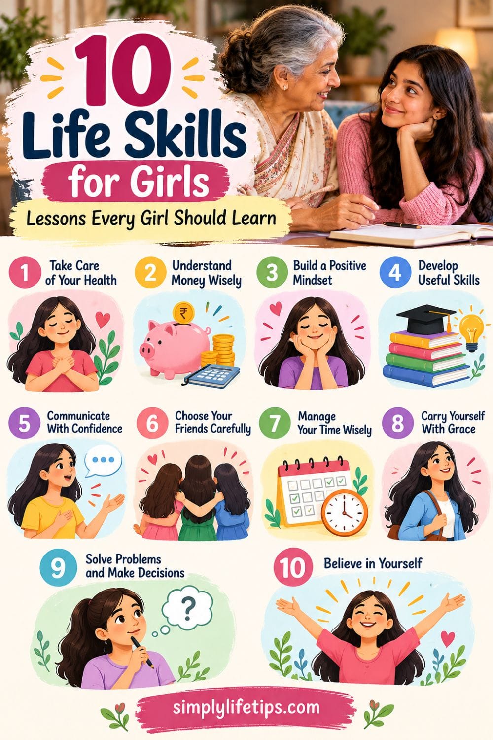 Infographic showing 10 life skills for girls including health, money, communication, time management, and self-belief