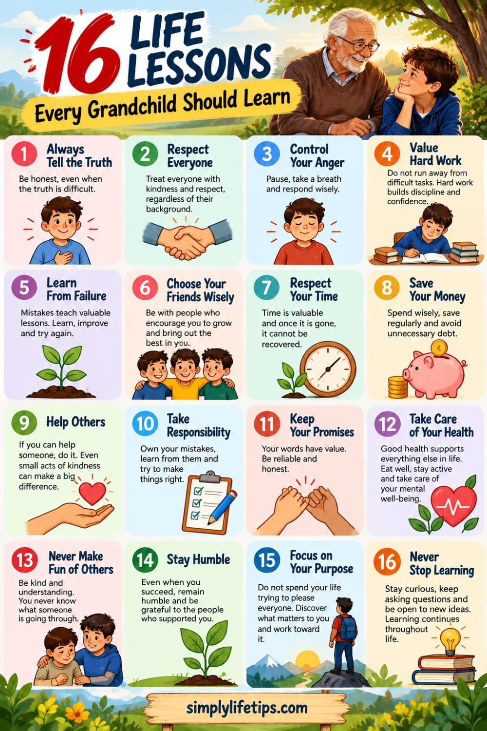 Infographic showing 16 life lessons every grandchild should learn