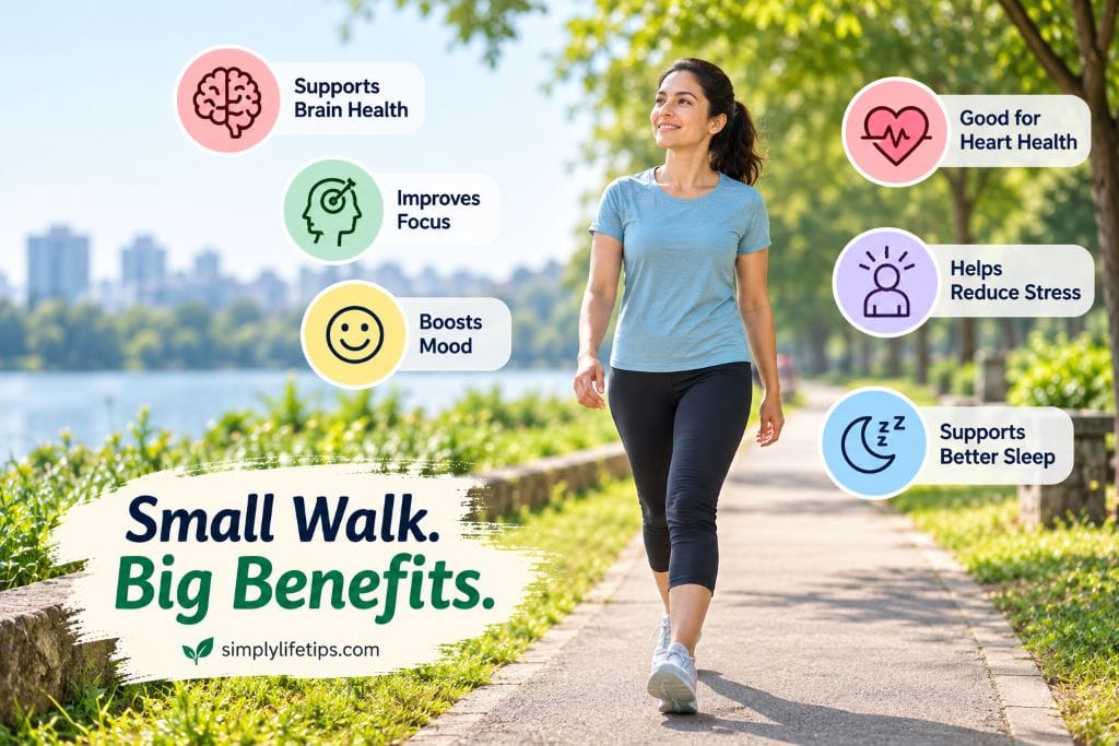 Benefits of 20 minute walk for brain health, focus, mood, and heart health