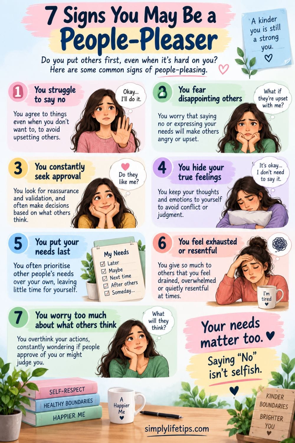 7 signs of people-pleasing including difficulty saying no, approval seeking, and neglecting your own needs