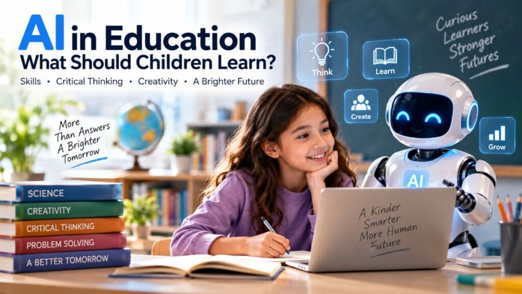 AI in education showing a child learning with an AI robot in a modern classroom