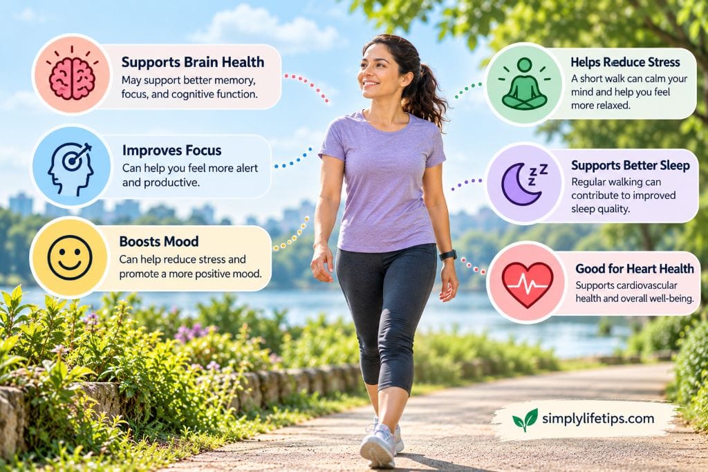 Benefits of 20 minute walk for brain health, focus, mood, and stress