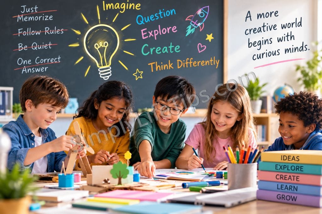 Children developing creativity through collaborative learning, imagination, and hands-on classroom activities