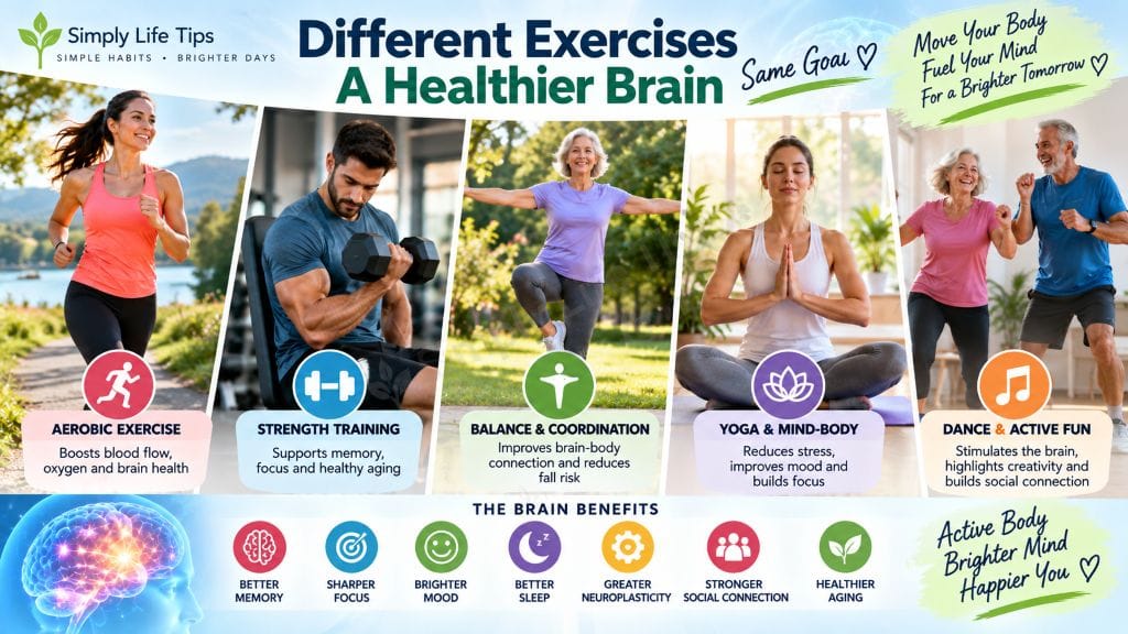 Exercise and Brain Health: How It Helps Your Brain 5 Different exercises for brain health including aerobic exercise, strength training, yoga, balance, and dance