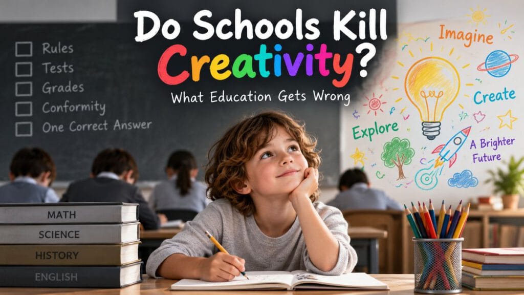 Do Schools Kill Creativity? Child thinking creatively in a classroom with traditional school subjects contrasted with imagination and creative ideas