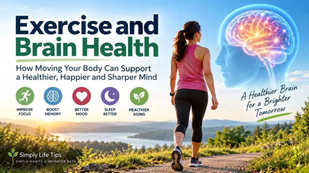 Exercise and brain health with a woman walking and a glowing brain illustration