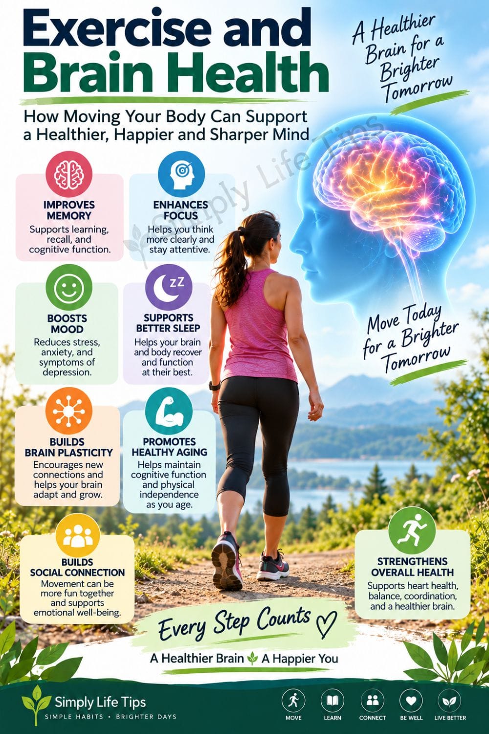 Exercise and Brain Health: How It Helps Your Brain 6 Exercise and brain health infographic showing benefits for memory, focus, mood, sleep, neuroplasticity, and healthy aging