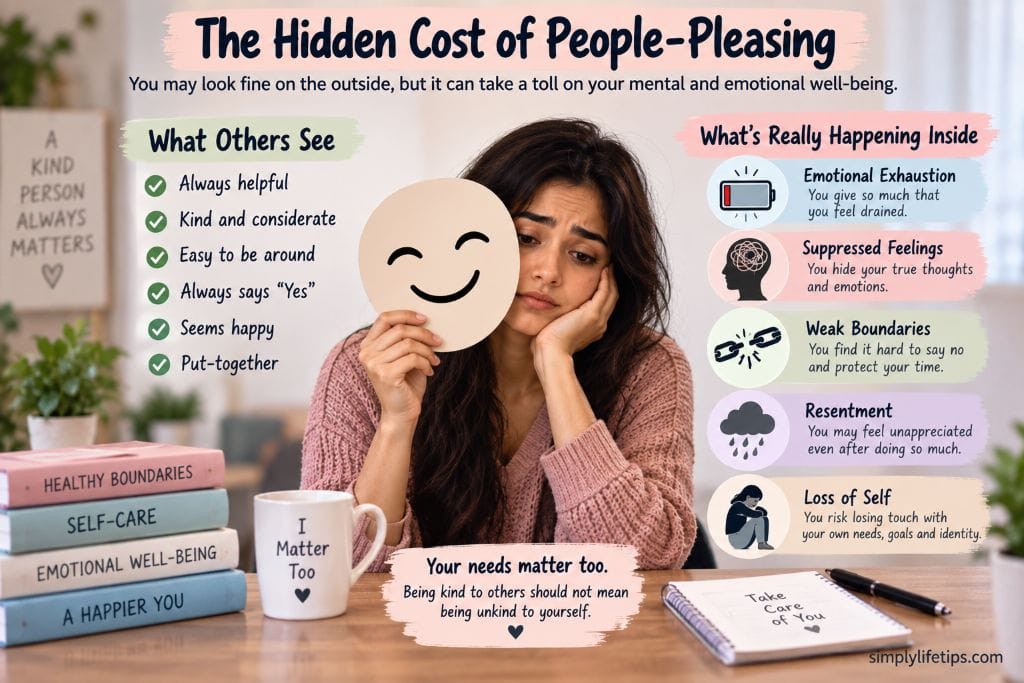 Hidden emotional costs of people-pleasing including exhaustion, suppressed feelings, weak boundaries, and resentment