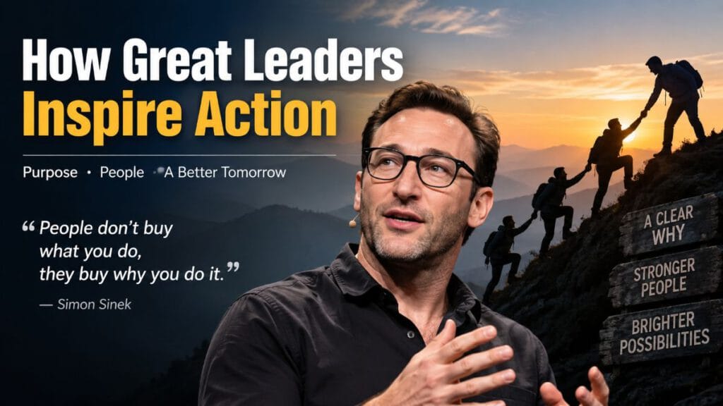 Simon Sinek explaining how great leaders inspire action through purpose, trust, and the Golden Circle leadership model.