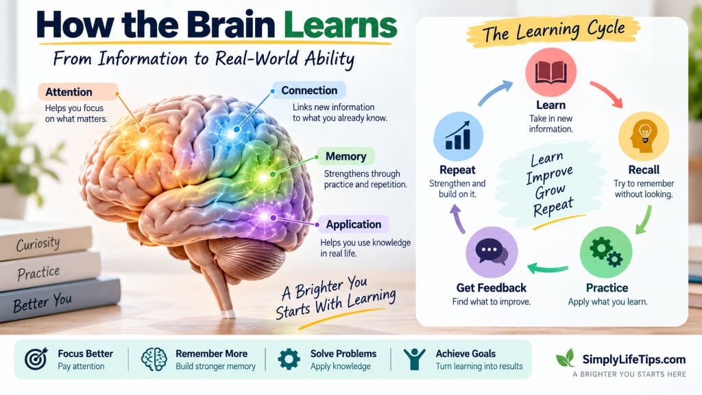 How the brain learns through attention, connection, memory, practice, feedback, and repetition