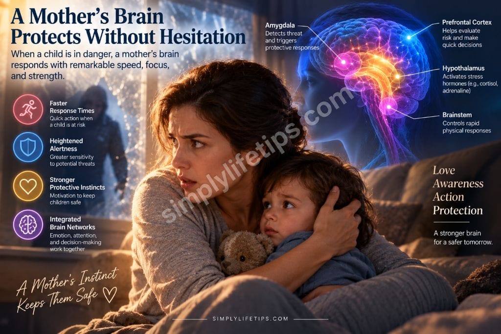 Mother protecting child and showing maternal protective response