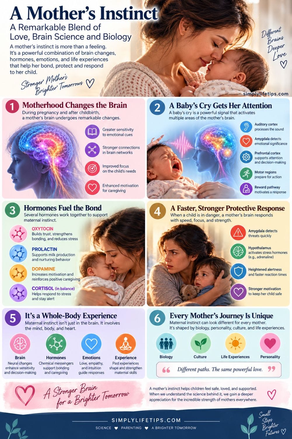 Maternal instinct infographic showing how motherhood changes the brain hormones and protective responses