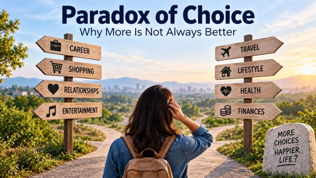 Paradox of Choice showing a person facing many different choices