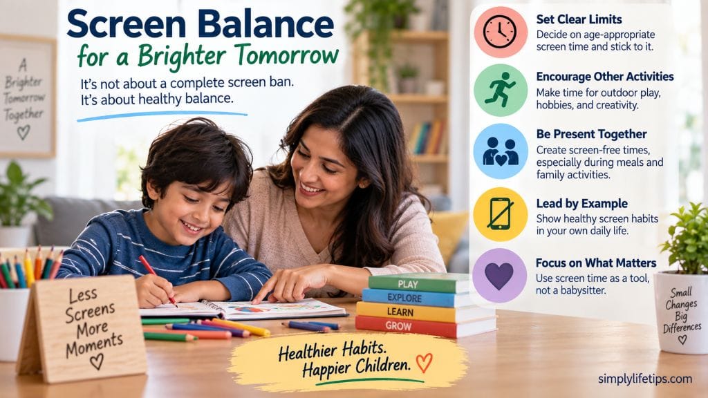 Screen balance for children with healthy screen habits, outdoor play, family time, and clear limits