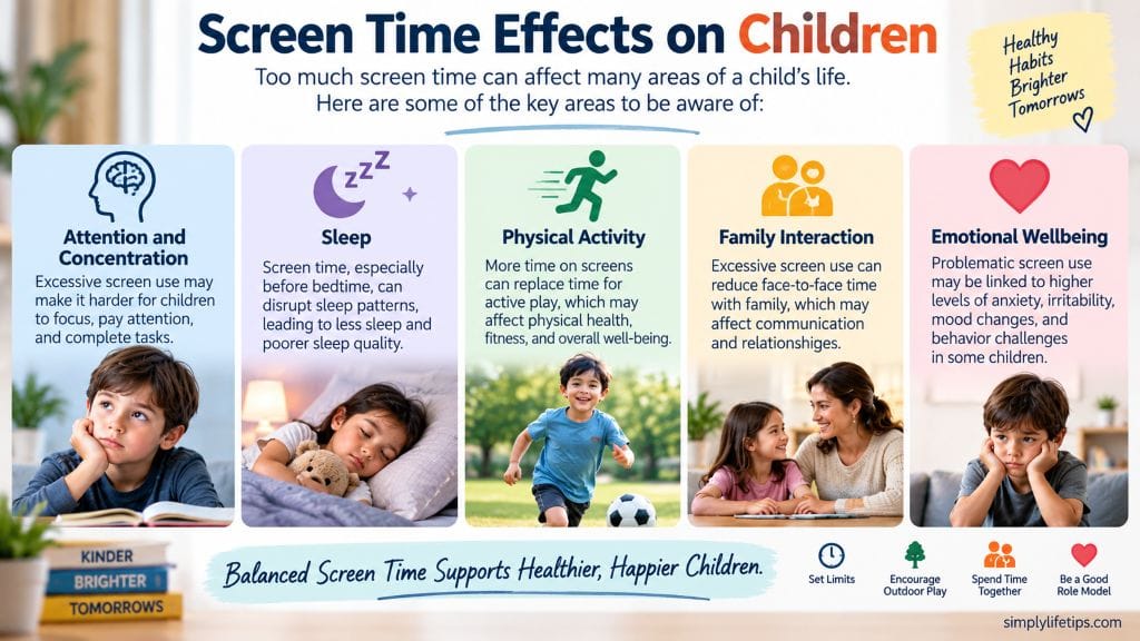 Screen time effects on children including attention, sleep, physical activity, family interaction, and emotional wellbeing