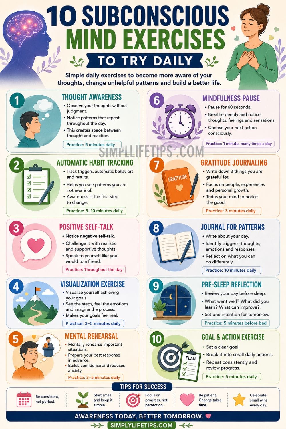 10 subconscious mind exercises to try daily, including mindfulness, visualization, journaling, positive self-talk, and habit tracking
