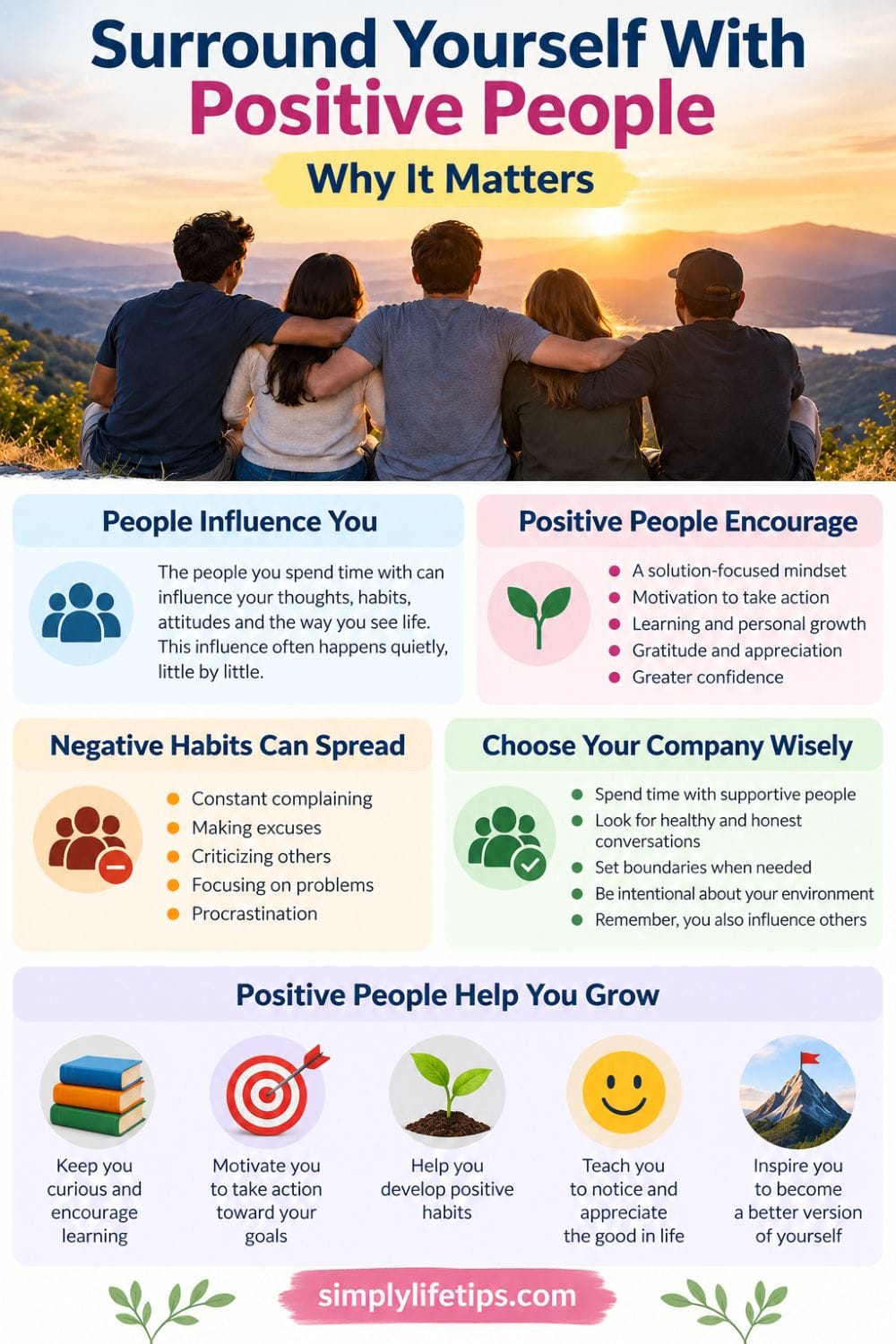 Surround Yourself With Positive People: Powerful Lessons 3 Infographic showing how surrounding yourself with positive people can influence thoughts, habits, and personal growth