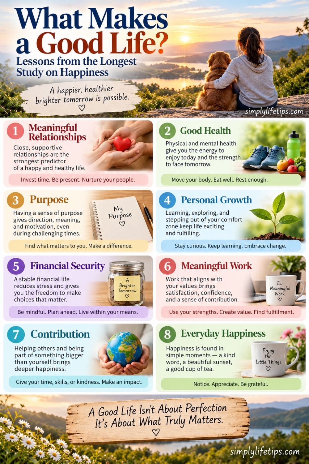 What makes a good life: relationships, health, purpose, growth, financial security, meaningful work, contribution, and happiness