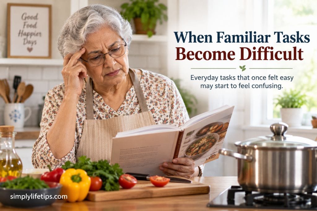 Older woman struggling with a familiar cooking task