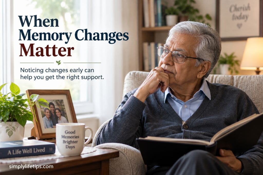 Older man reflecting on memory changes at home