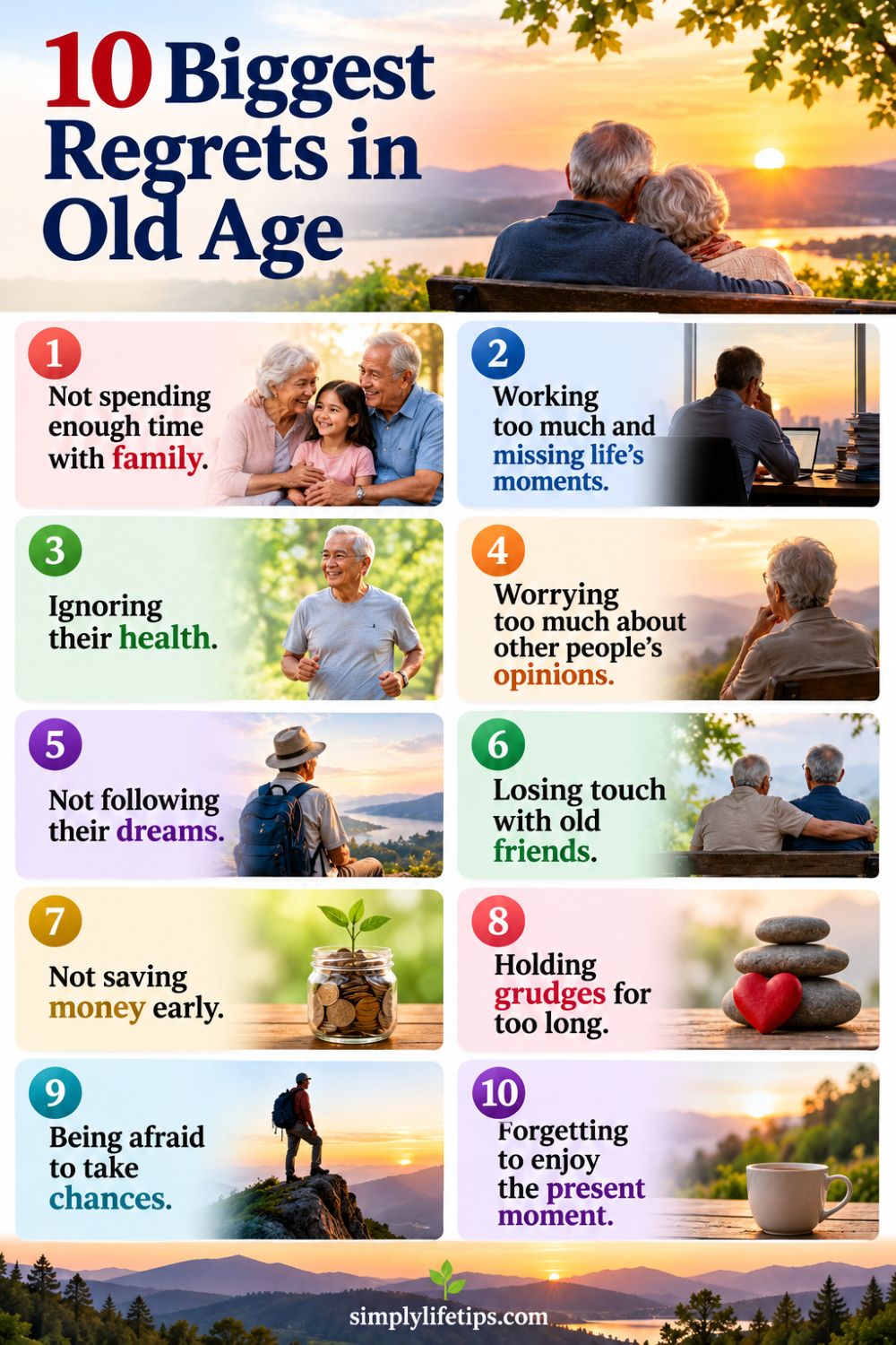 10 Biggest Regrets in Old Age and How to Avoid Them 3 Ten common regrets in old age, including neglecting family, ignoring health, and missing the present moment.