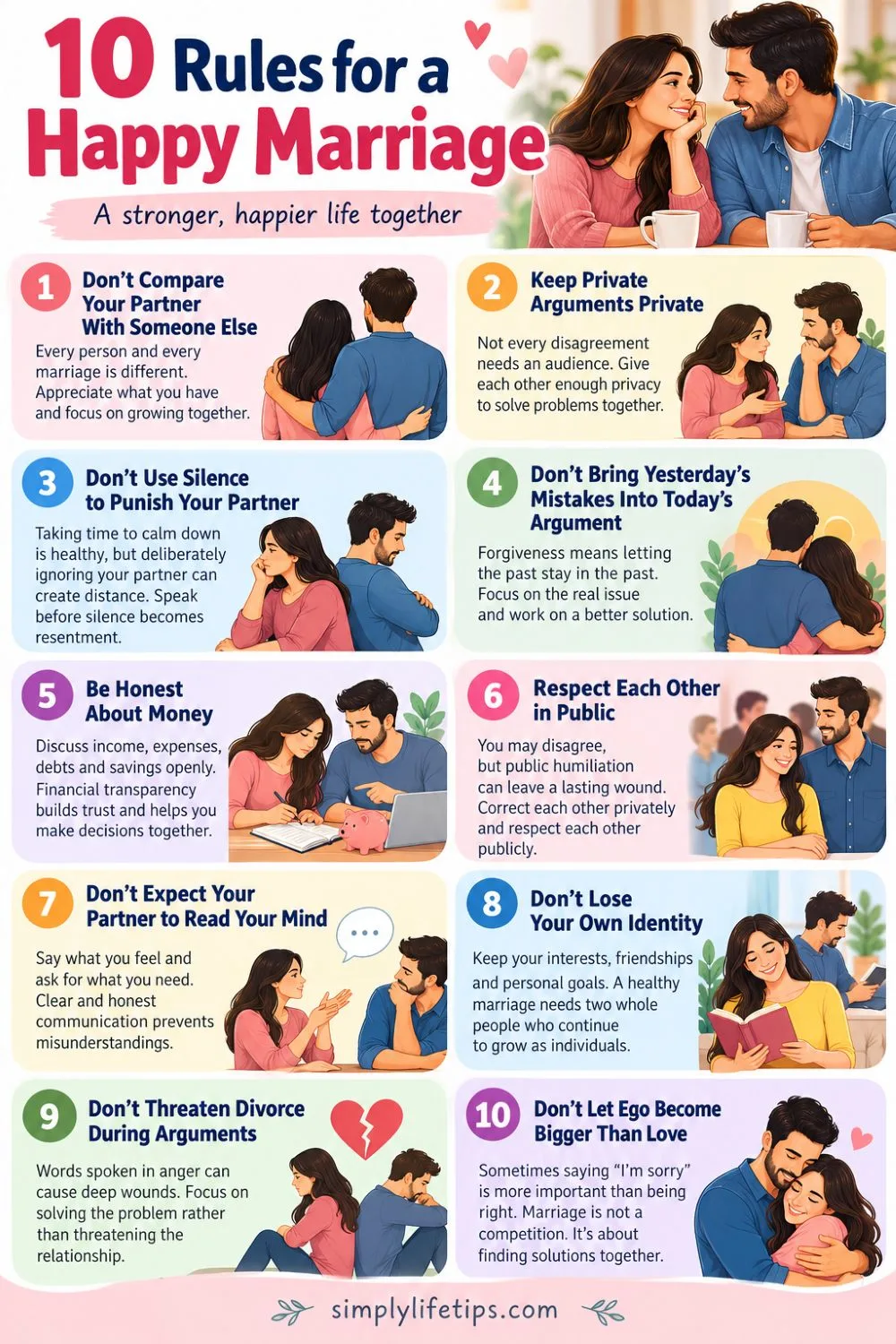 10 rules for a happy marriage including communication, respect, trust, and forgiveness