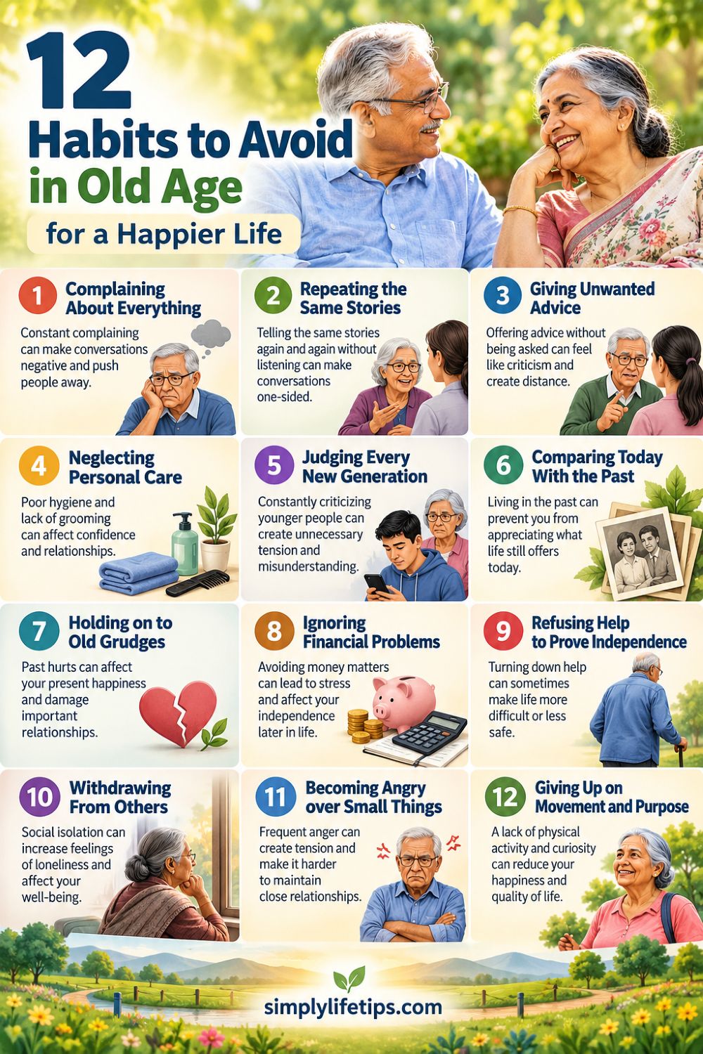 Infographic showing 12 habits to avoid in old age for happier relationships, emotional well-being, and healthy aging.