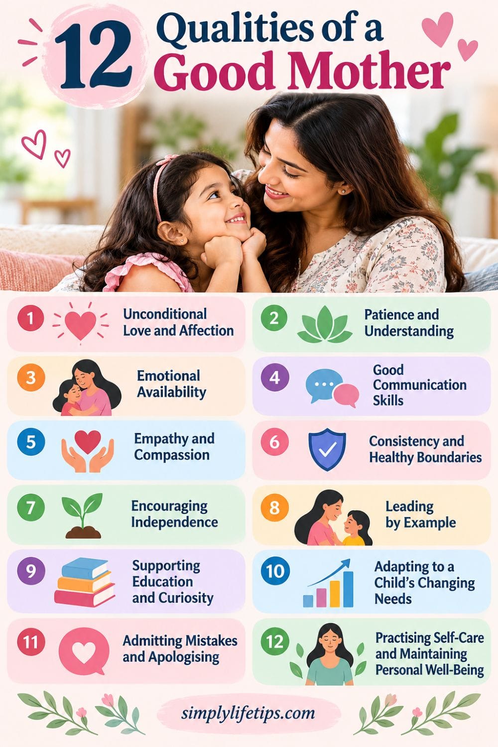 Qualities of a Good Mother: 12 Traits That Matter 3 Pinterest infographic showing 12 qualities of a good mother, including love, patience, empathy, communication, independence and self-care