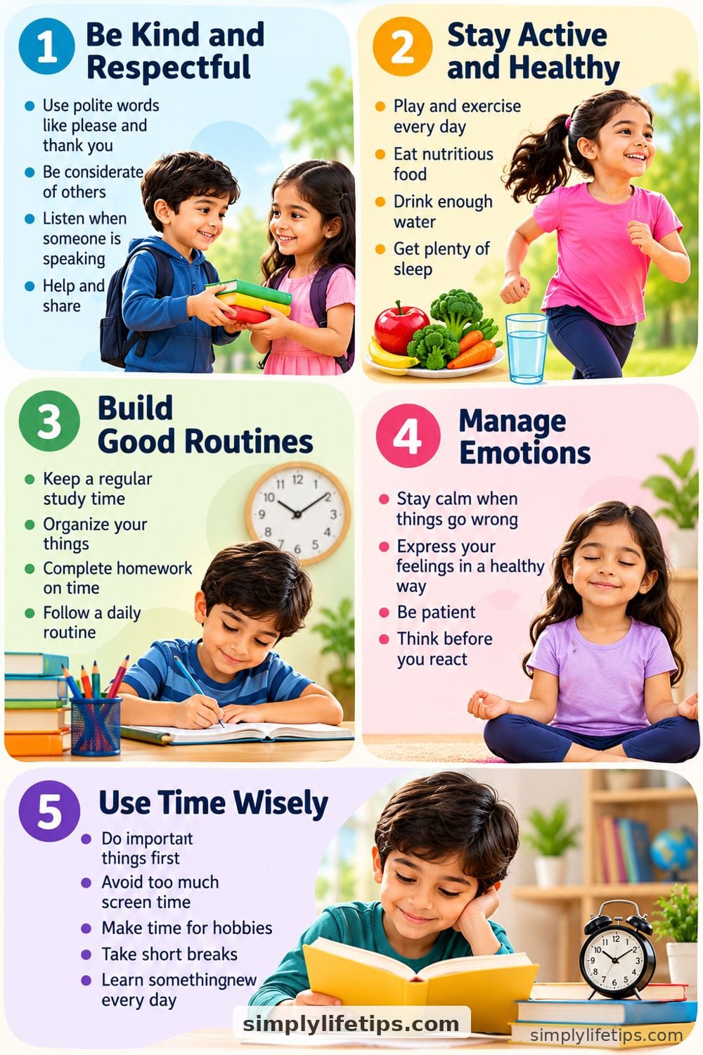5 good habits for children including healthy routines, managing emotions and using time wisely
