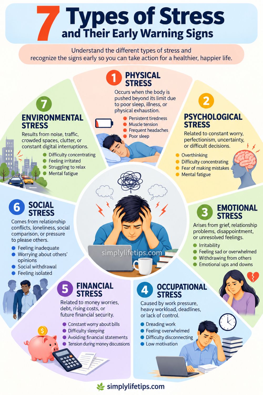 7 Types of Stress: Powerful Ways to Manage Them 3 Infographic showing seven types of stress and their common warning signs