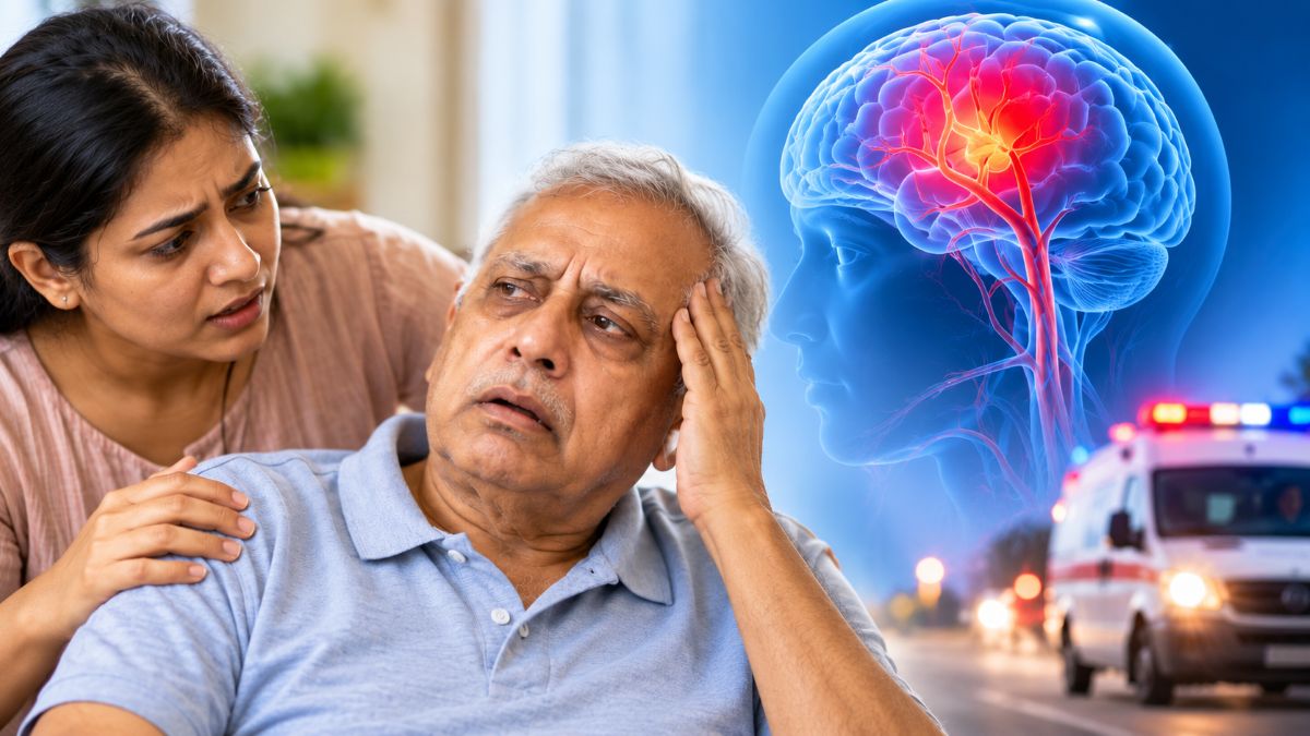 Older man experiencing possible brain stroke symptoms as a woman supports him, with a medical illustration of the brain.
