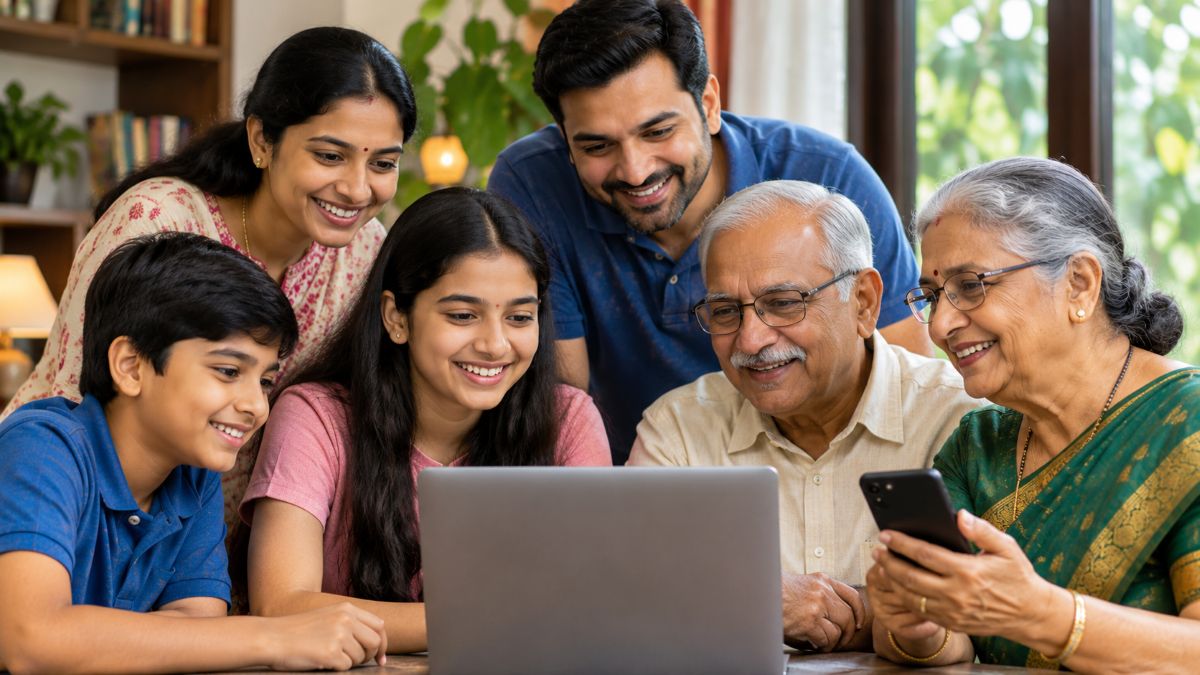 Digital Literacy: 4 Essential Skills for Everyone 1 Indian family learning digital literacy together using a laptop and smartphone.