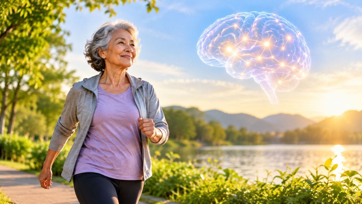 Older woman walking outdoors to support brain health