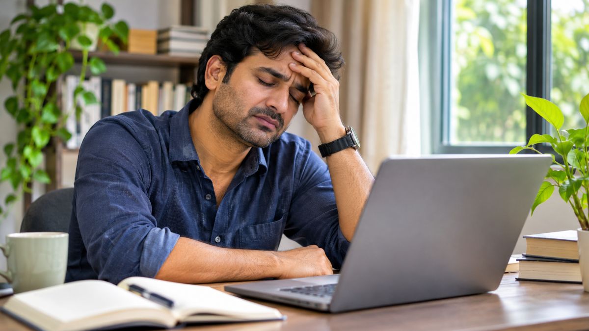 10 Mental Fatigue Symptoms: Warning Signs to Know 2 A man experiencing mental fatigue while working at a desk.