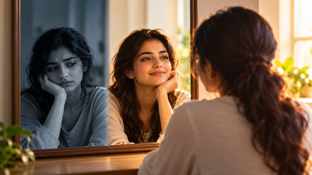 Negative Self-Talk: Bad Effects and 7 Ways to Stop It 1 Woman looking at her reflection in a mirror, representing Positive and negative self-talk.