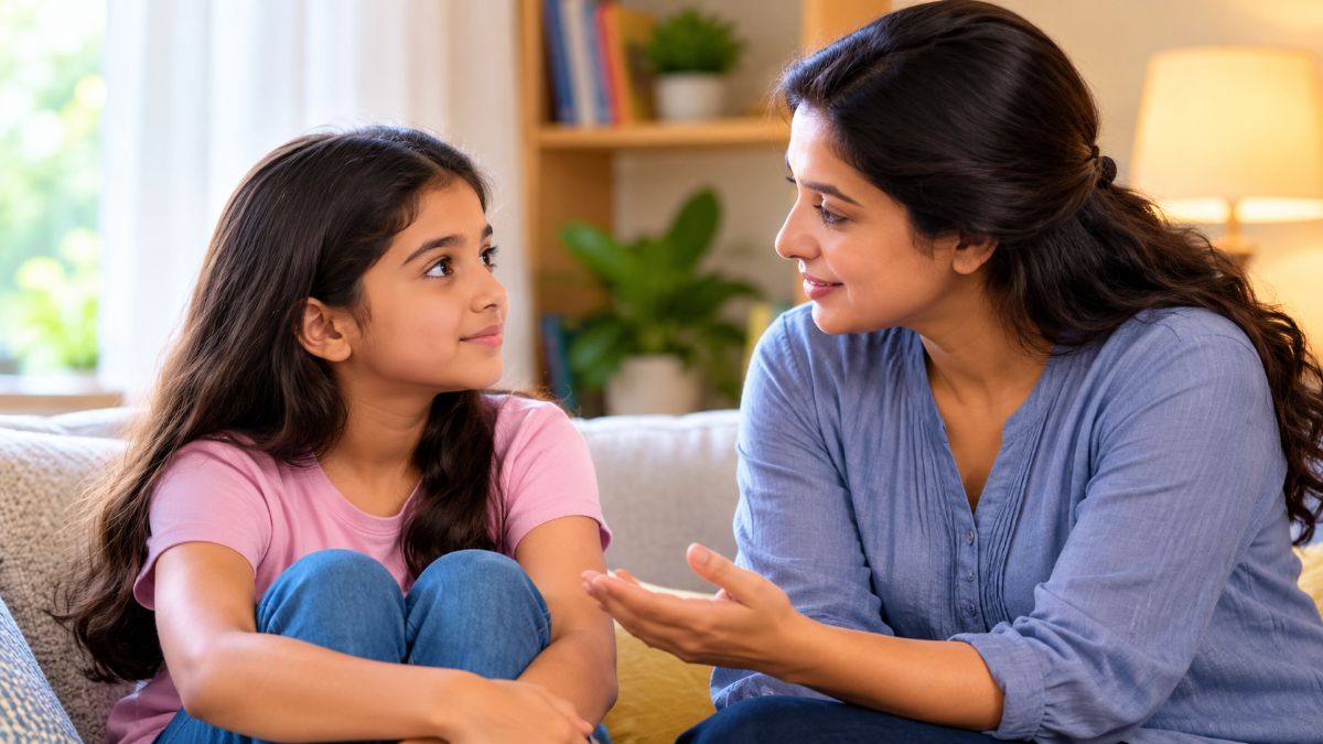 Mother having an age-appropriate conversation with her daughter about growing up.