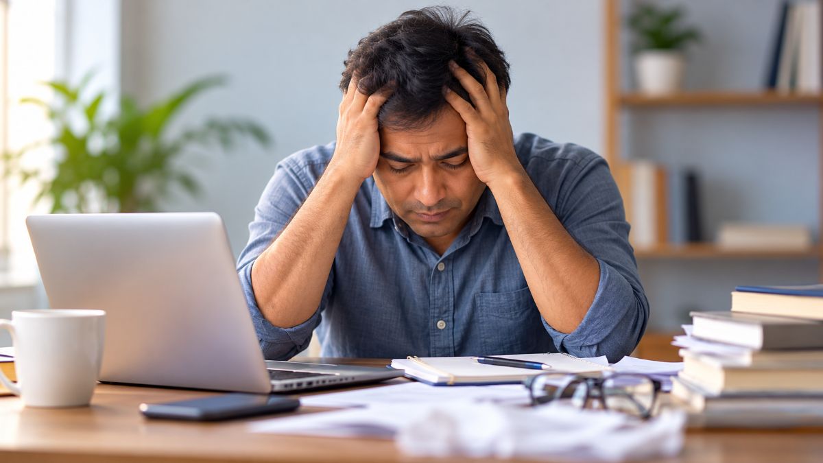 7 Types of Stress: Powerful Ways to Manage Them 1 Man feeling overwhelmed by everyday stress at his desk