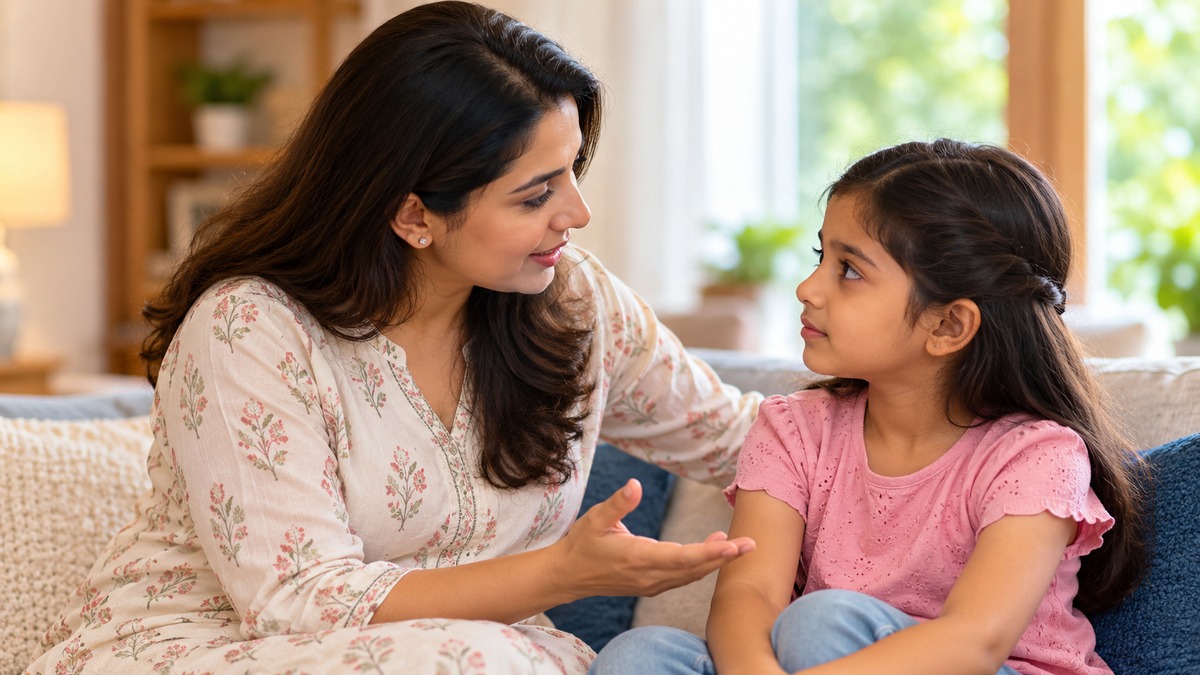 Mother teaching her daughter about body safety and personal boundaries.