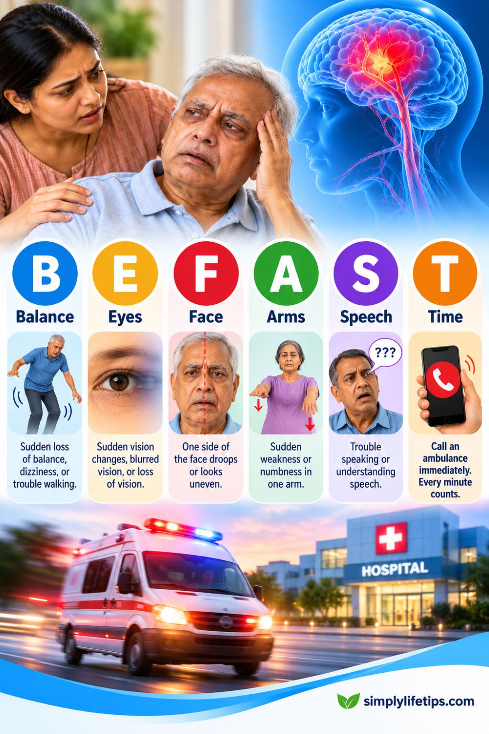 Brain stroke symptoms. BE FAST infographic showing balance problems, vision changes, facial drooping, arm weakness, speech difficulties, and the need for immediate emergency help.
