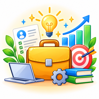 Simply Life Tips | Practical Solutions for Everyday Life 11 Golden briefcase with laptop, books, growth chart, and target representing career development.