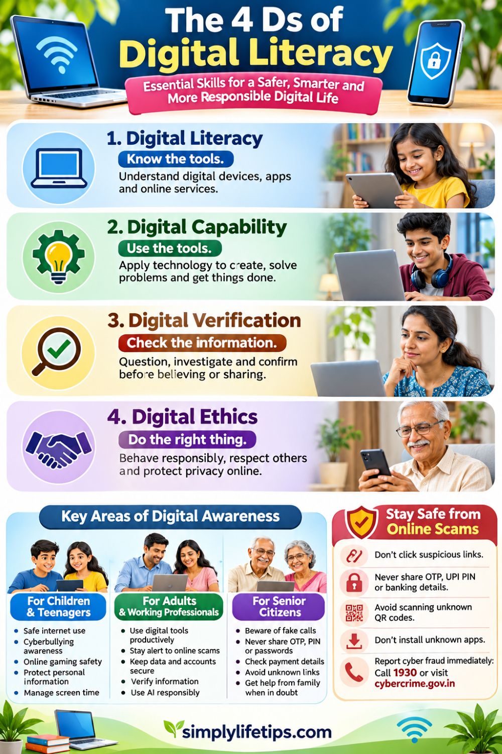 Digital Literacy: 4 Essential Skills for Everyone 3 Infographic explaining the four Ds of digital literacy, online scam prevention and digital safety for children, adults and senior citizens.