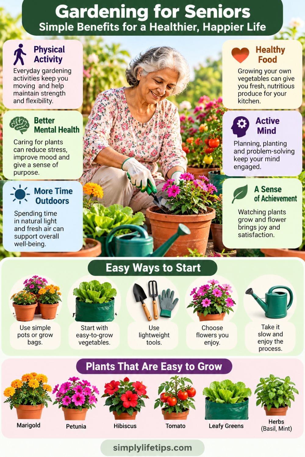 Gardening for seniors benefits including physical activity, healthy food, mental well-being, and purpose