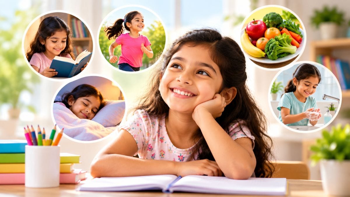 Child learning good habits for children through reading, exercise, healthy eating and daily routines