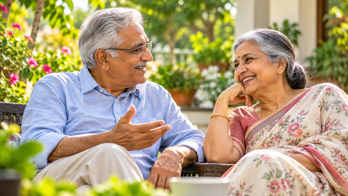 Older Indian couple enjoying a warm conversation in a garden.