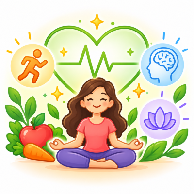 Simply Life Tips | Practical Solutions for Everyday Life 10 Woman meditating with a healthy heart, brain, exercise, and nutrition symbols representing health and wellness.