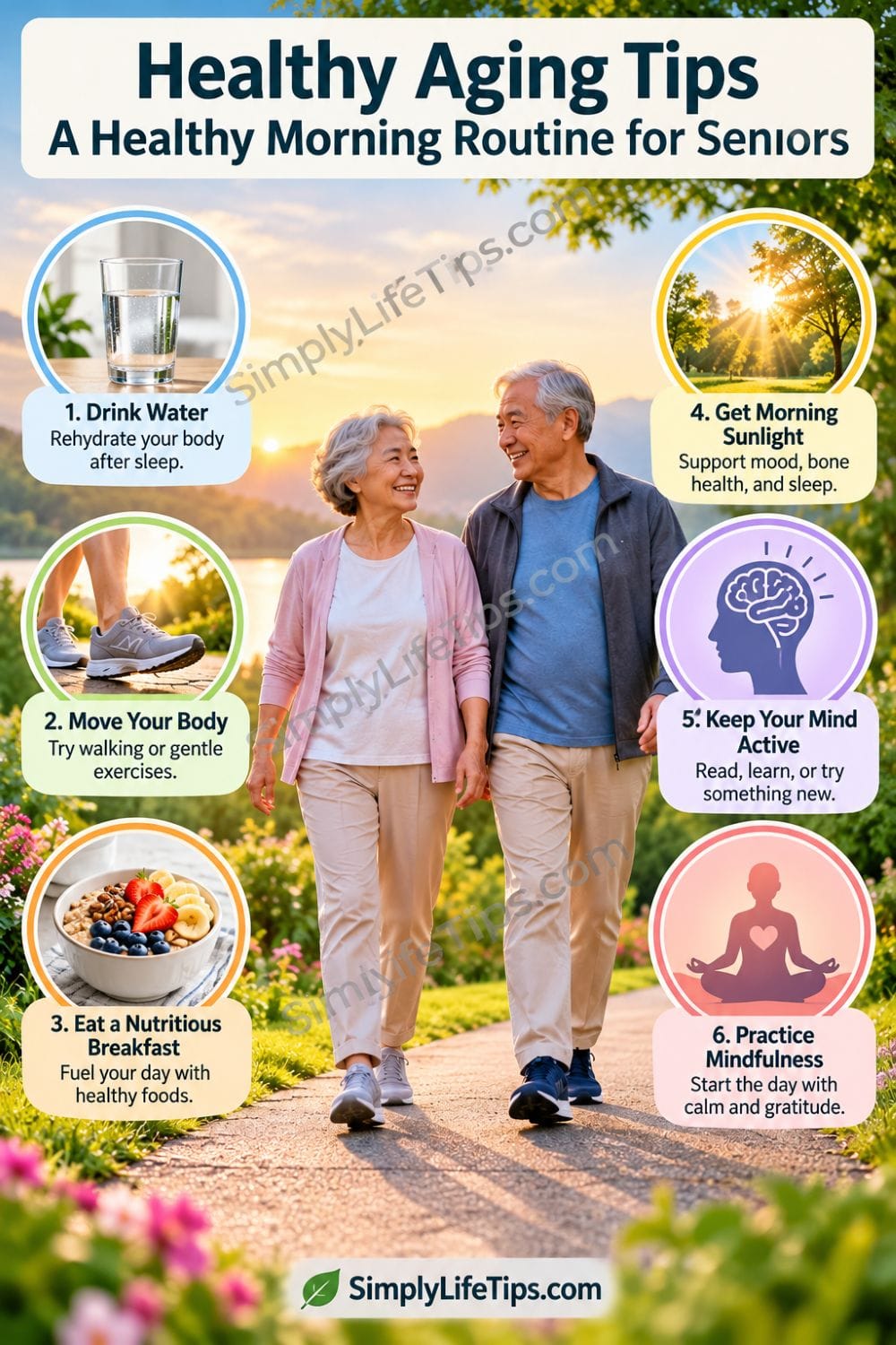 Healthy aging tips for seniors following a healthy morning routine
