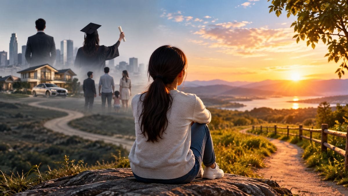 A woman reflecting on her life while looking toward a peaceful sunrise, symbolizing contentment and personal growth.