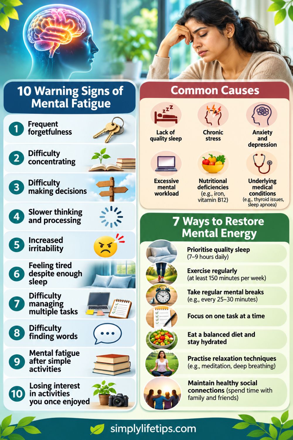 Infographic showing 10 Mental Fatigue Symptoms, common causes and 7 ways to restore mental energy.