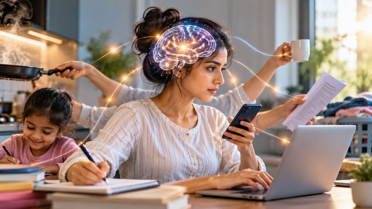 Multitasking and the brain: a woman managing multiple responsibilitie