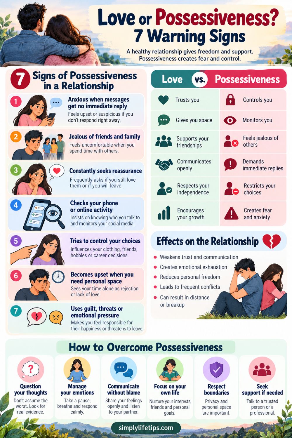 Infographic showing seven signs of possessiveness in a relationship, love versus control, relationship effects and ways to overcome possessiveness.